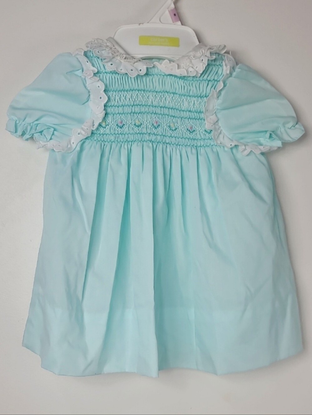 Vtg Polly Flinders Blue Smocked Floral Embroidery Lace Puff Sleeve Dress 24M